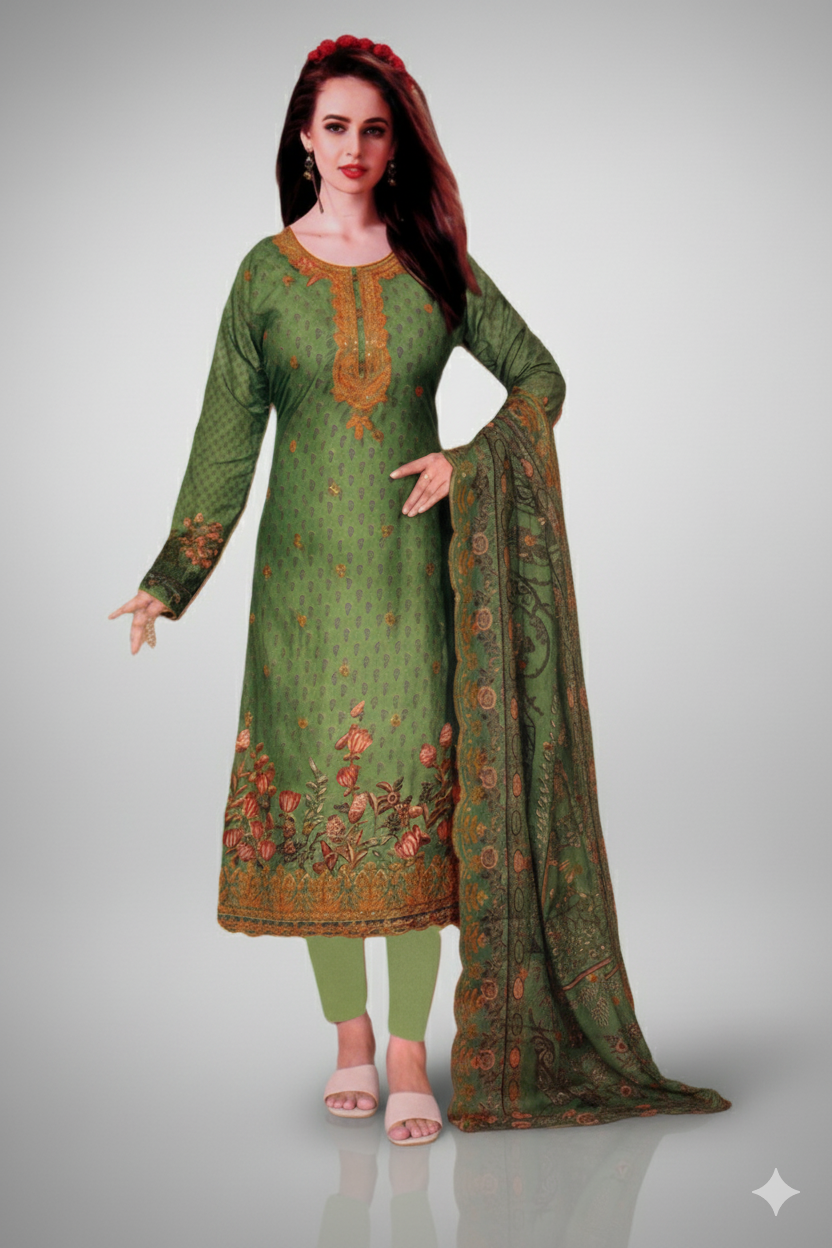 Olive Green Embroidered & Printed Ensemble