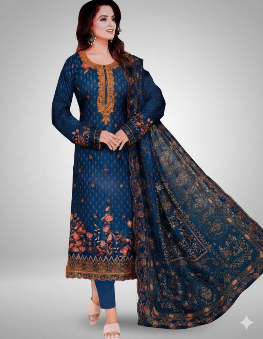 Royal Blue Embroidered Winter Suit